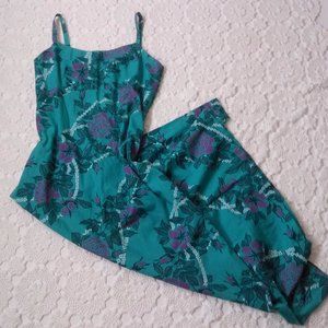 Vtg 70s Teal Hawaiian Maxi Dress Floral Tiki Aloha